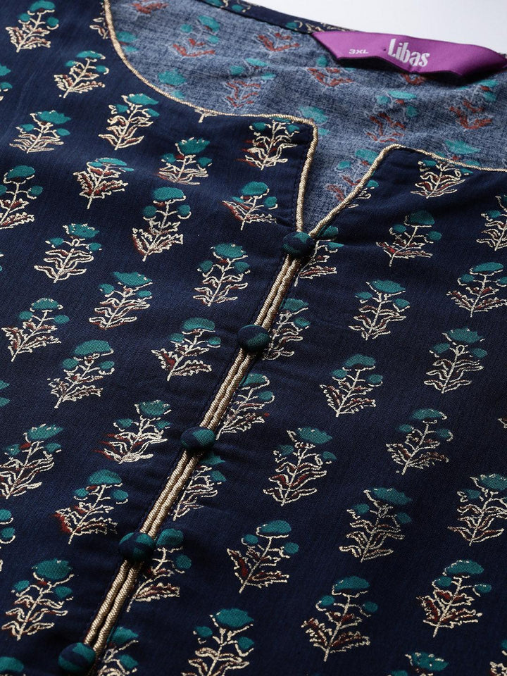 Plus Size Blue Printed Silk Straight Kurta - ShopLibas