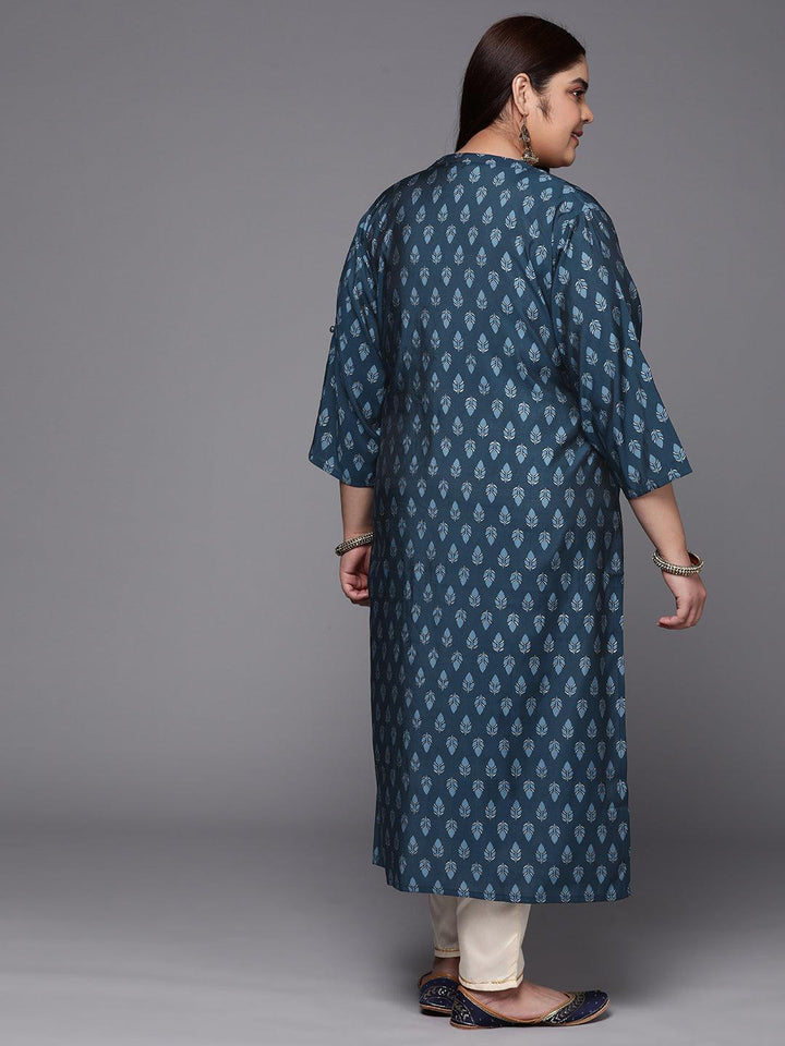 Plus Size Blue Printed Silk Straight Kurta