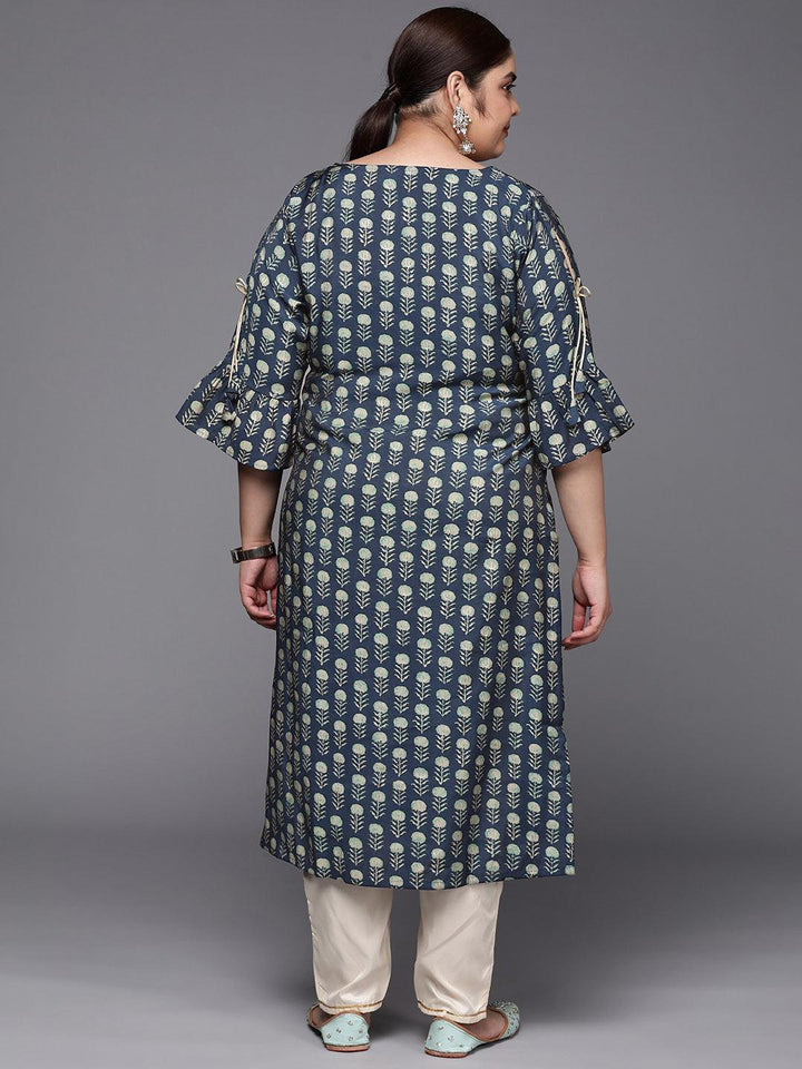 Plus Size Blue Printed Silk Straight Kurta