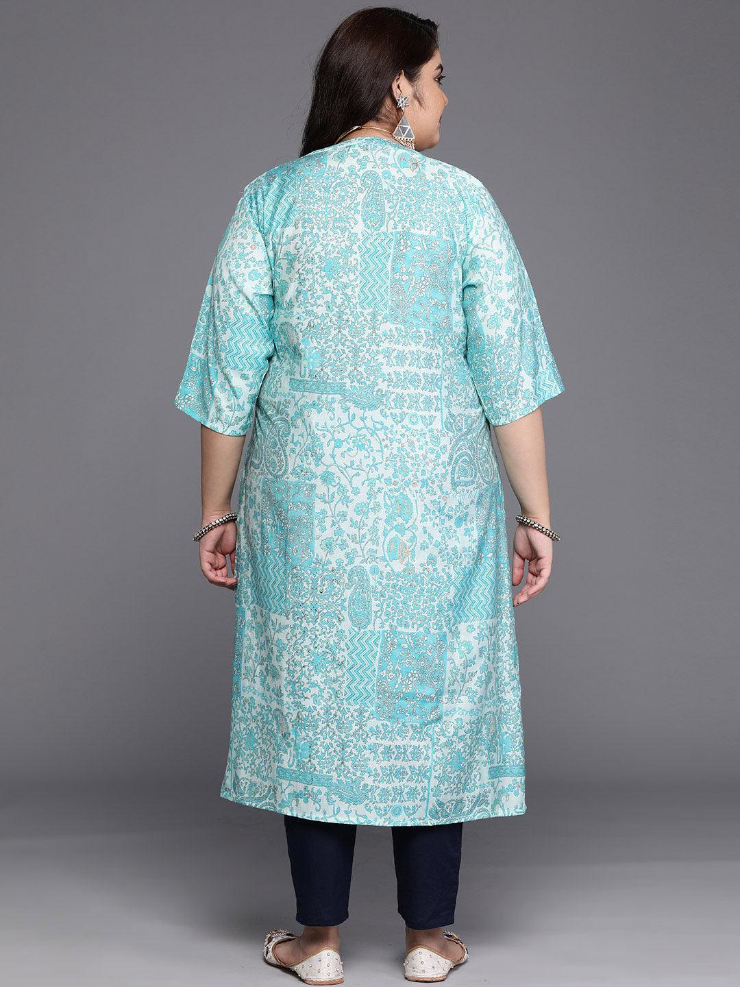 Plus Size Blue Printed Silk Straight Kurta - Libas 