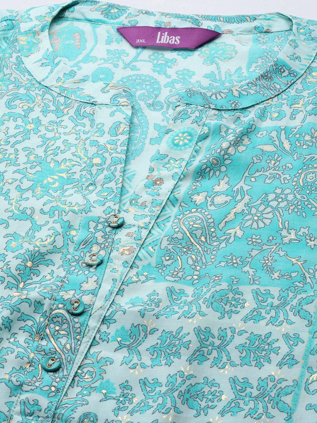 Plus Size Blue Printed Silk Straight Kurta - Libas 