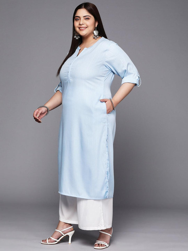 Plus Size Blue Woven Design Rayon Straight Kurta