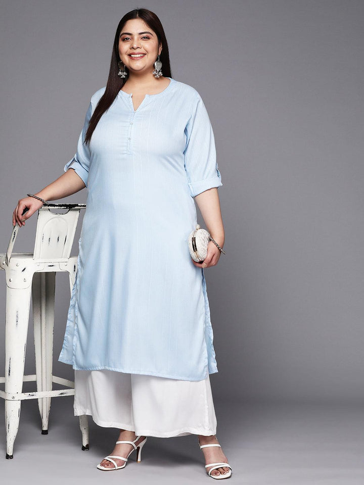Plus Size Blue Woven Design Rayon Straight Kurta