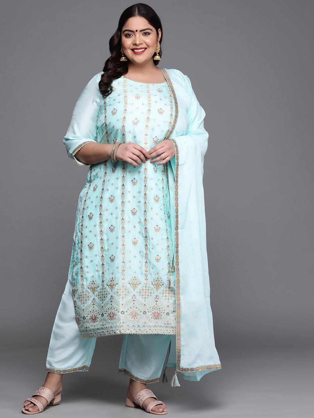 Plus Size Blue Woven Design Silk Blend Suit Set - ShopLibas