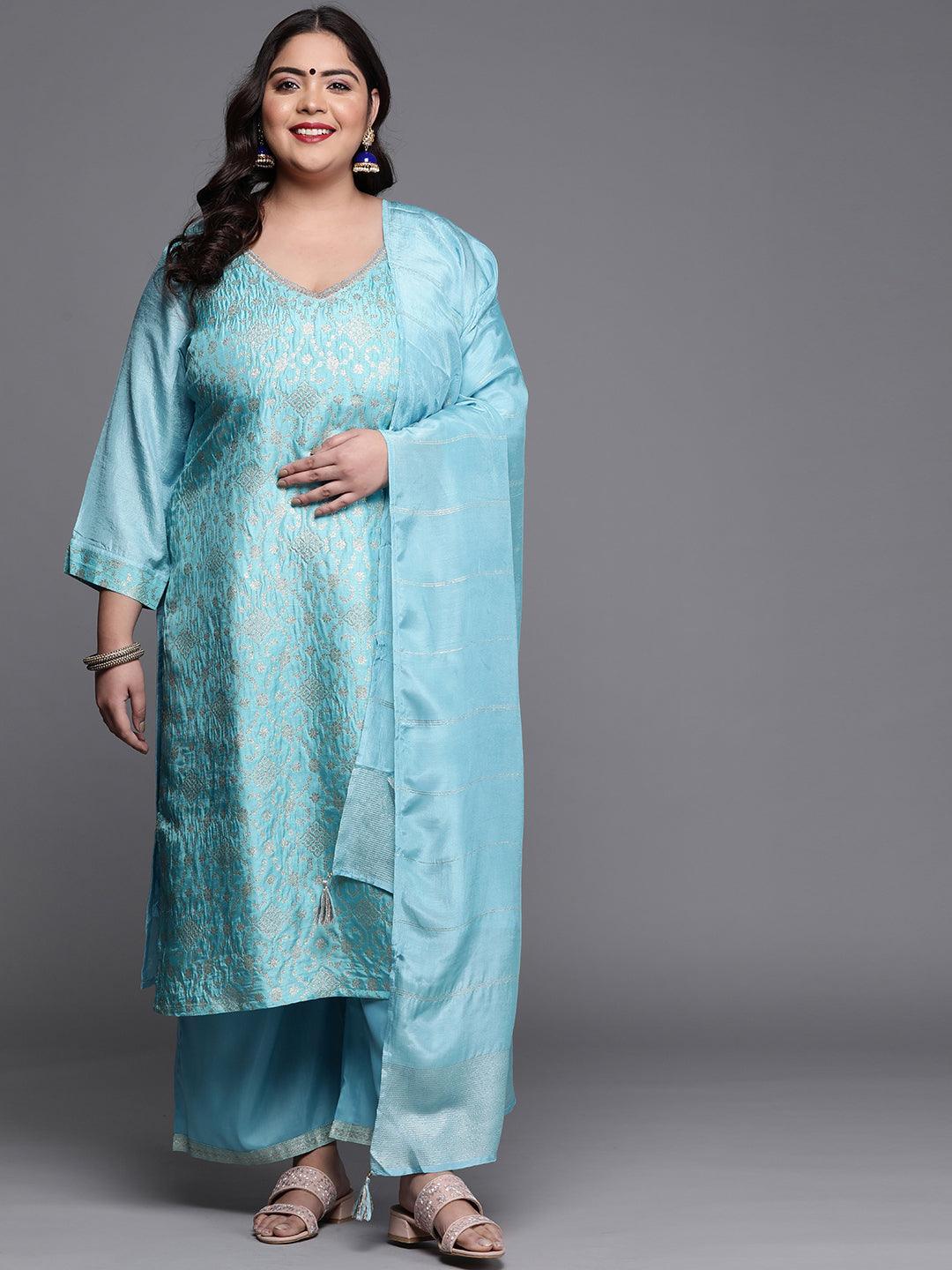 Plus Size Blue Woven Design Silk Blend Suit Set - ShopLibas
