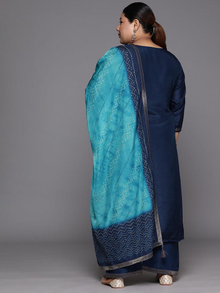 Plus Size Blue Woven Design Silk Blend Straight Kurta With Trousers & Dupatta