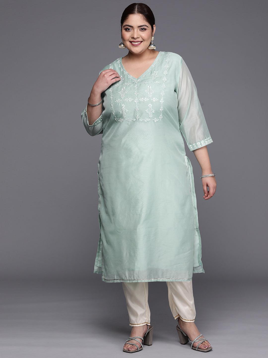Plus Size Blue Yoke Design Chanderi Cotton Straight Kurta - ShopLibas