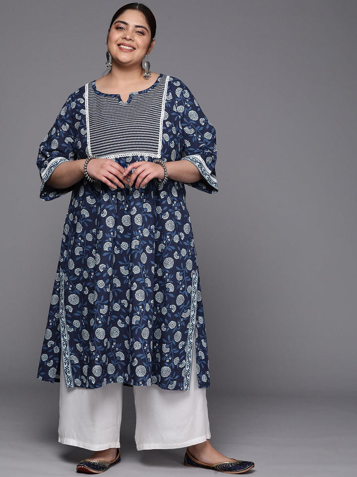 Plus Size Blue Yoke Design Cotton A-Line Kurta