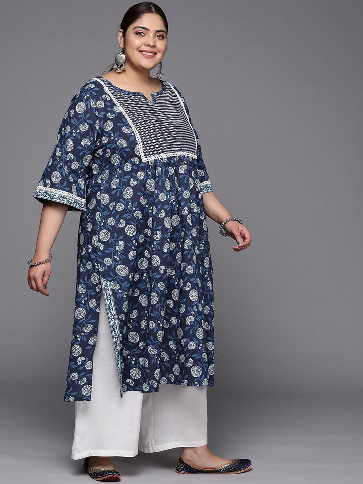 Plus Size Blue Yoke Design Cotton A-Line Kurta