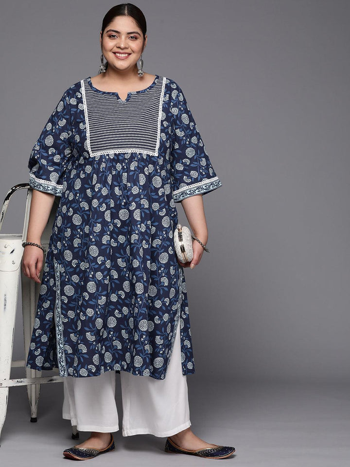 Plus Size Blue Yoke Design Cotton A-Line Kurta
