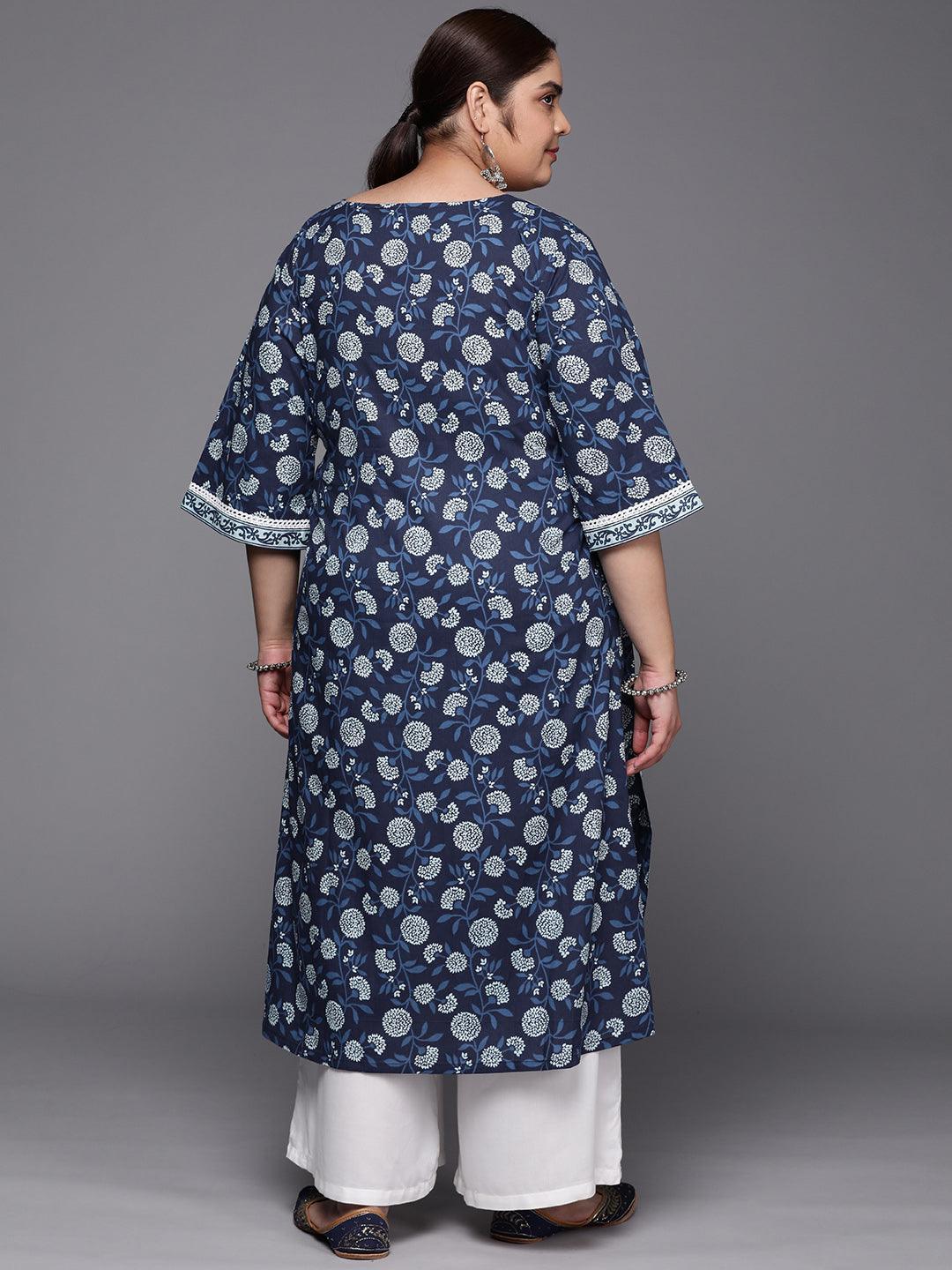 Plus Size Blue Yoke Design Cotton A-Line Kurta - ShopLibas 