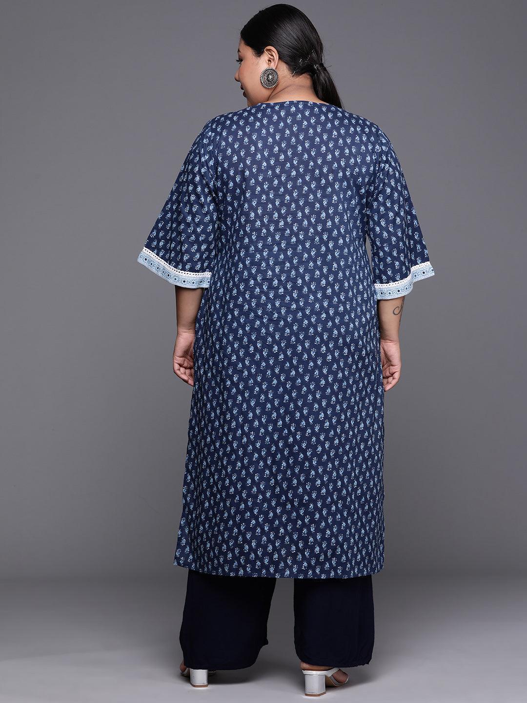 Plus Size Blue Yoke Design Cotton Kurta - ShopLibas 