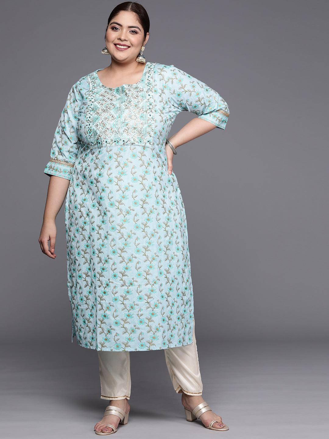 Plus Size Blue Yoke Design Cotton Silk Straight Kurta - ShopLibas