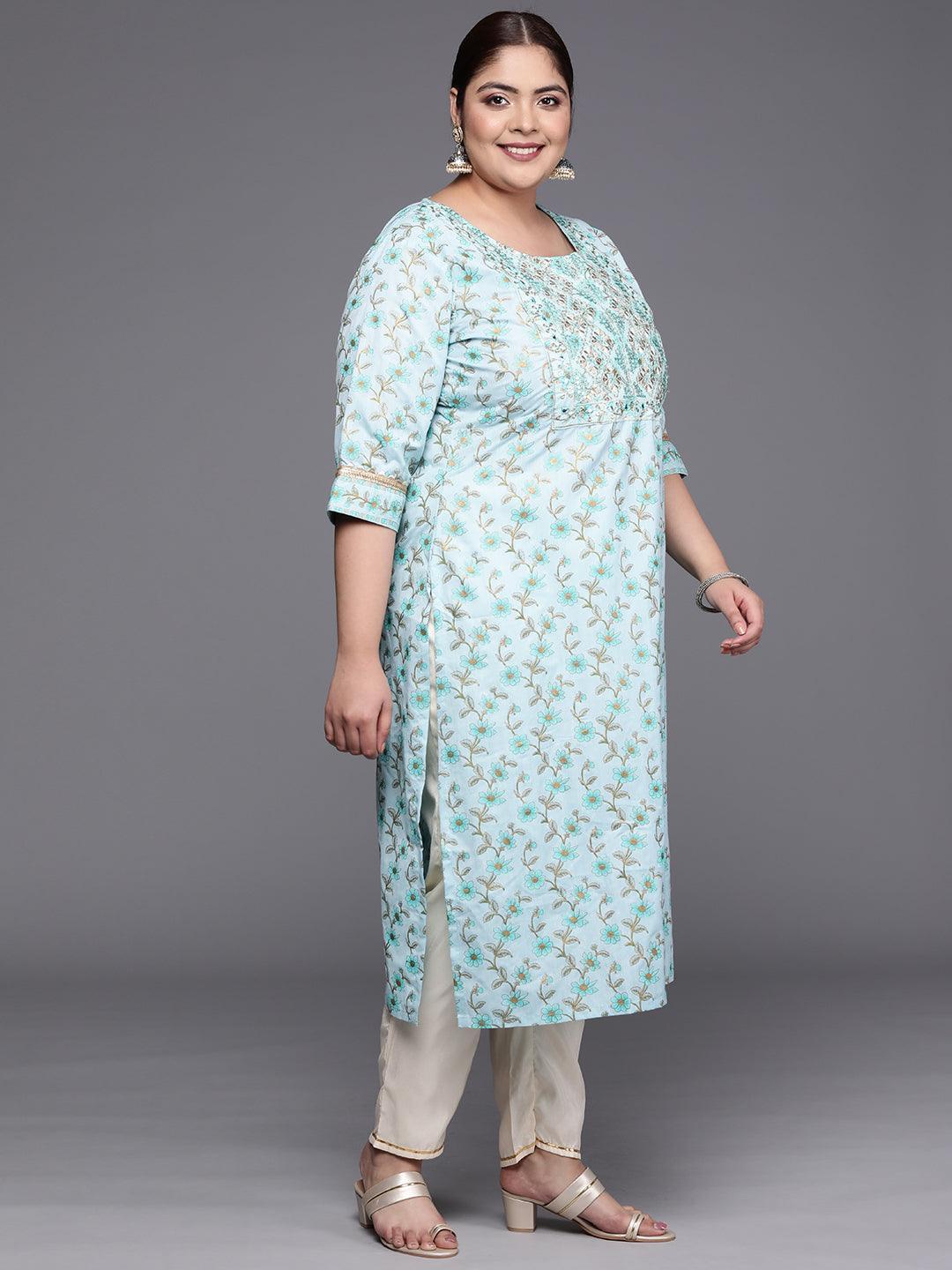 Plus Size Blue Yoke Design Cotton Silk Straight Kurta - ShopLibas 