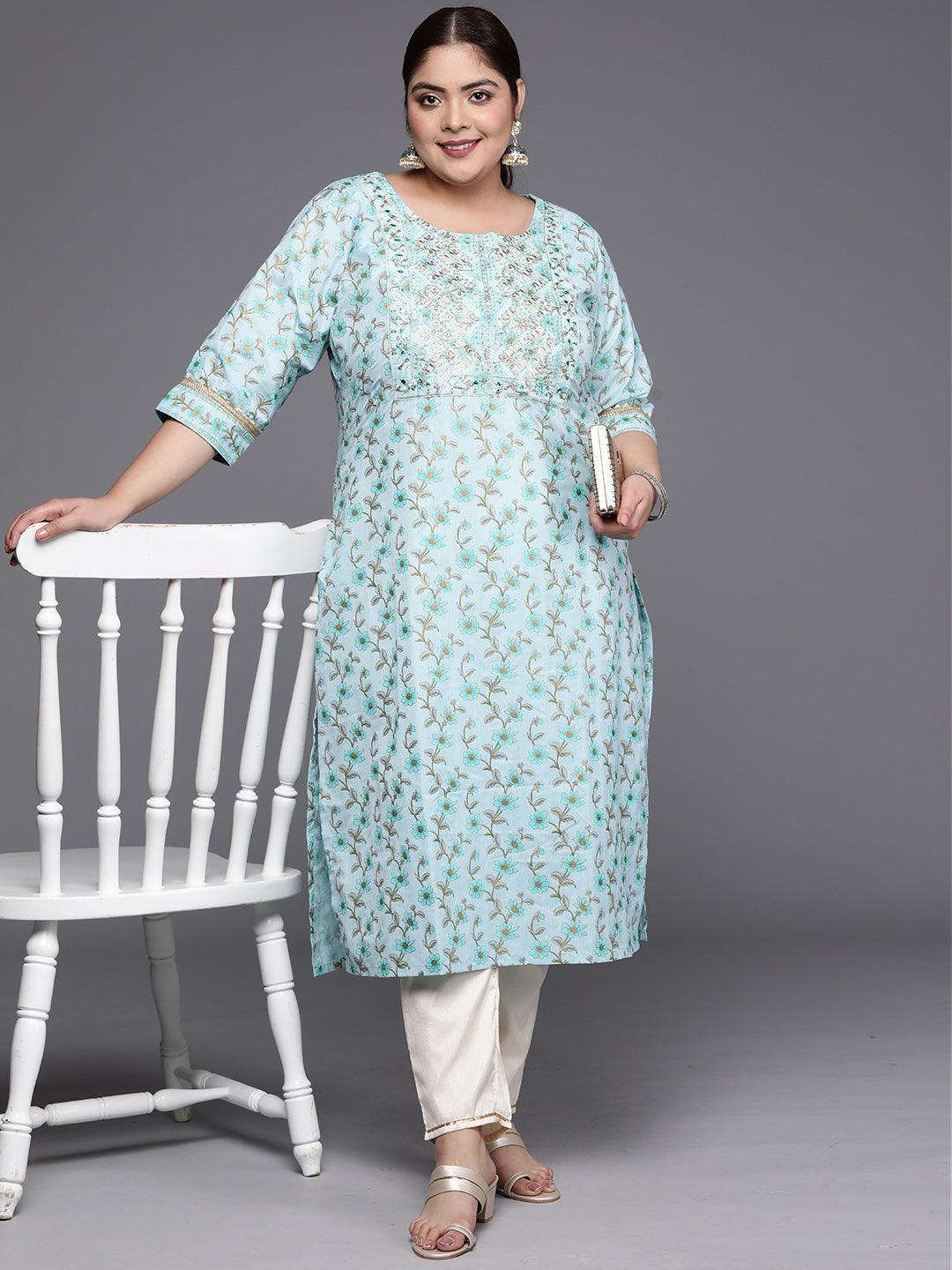Plus Size Blue Yoke Design Cotton Silk Straight Kurta - ShopLibas 