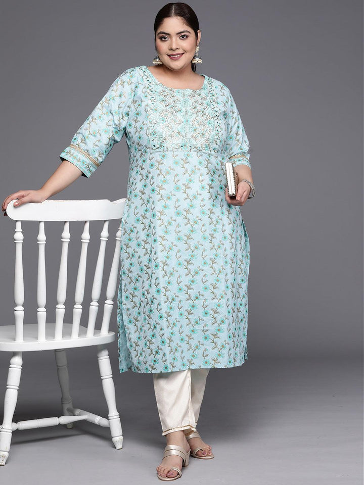 Plus Size Blue Yoke Design Cotton Silk Straight Kurta