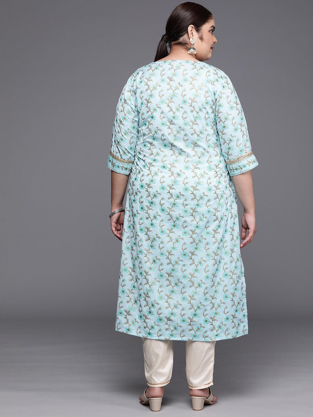 Plus Size Blue Yoke Design Cotton Silk Straight Kurta - ShopLibas 