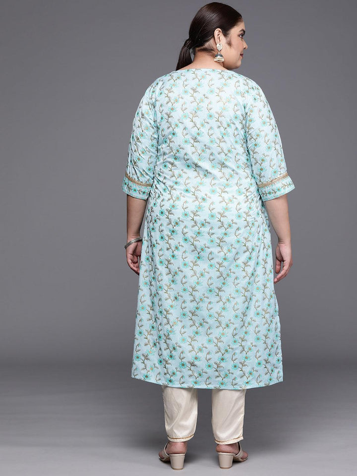 Plus Size Blue Yoke Design Cotton Silk Straight Kurta