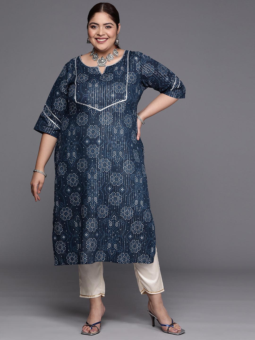 Plus Size Blue Yoke Design Cotton Straight Kurta - ShopLibas