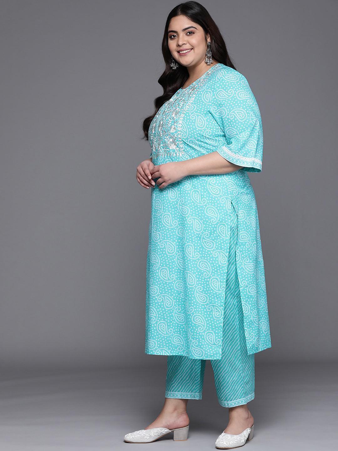 Plus Size Blue Yoke Design Cotton Suit Set - Libas