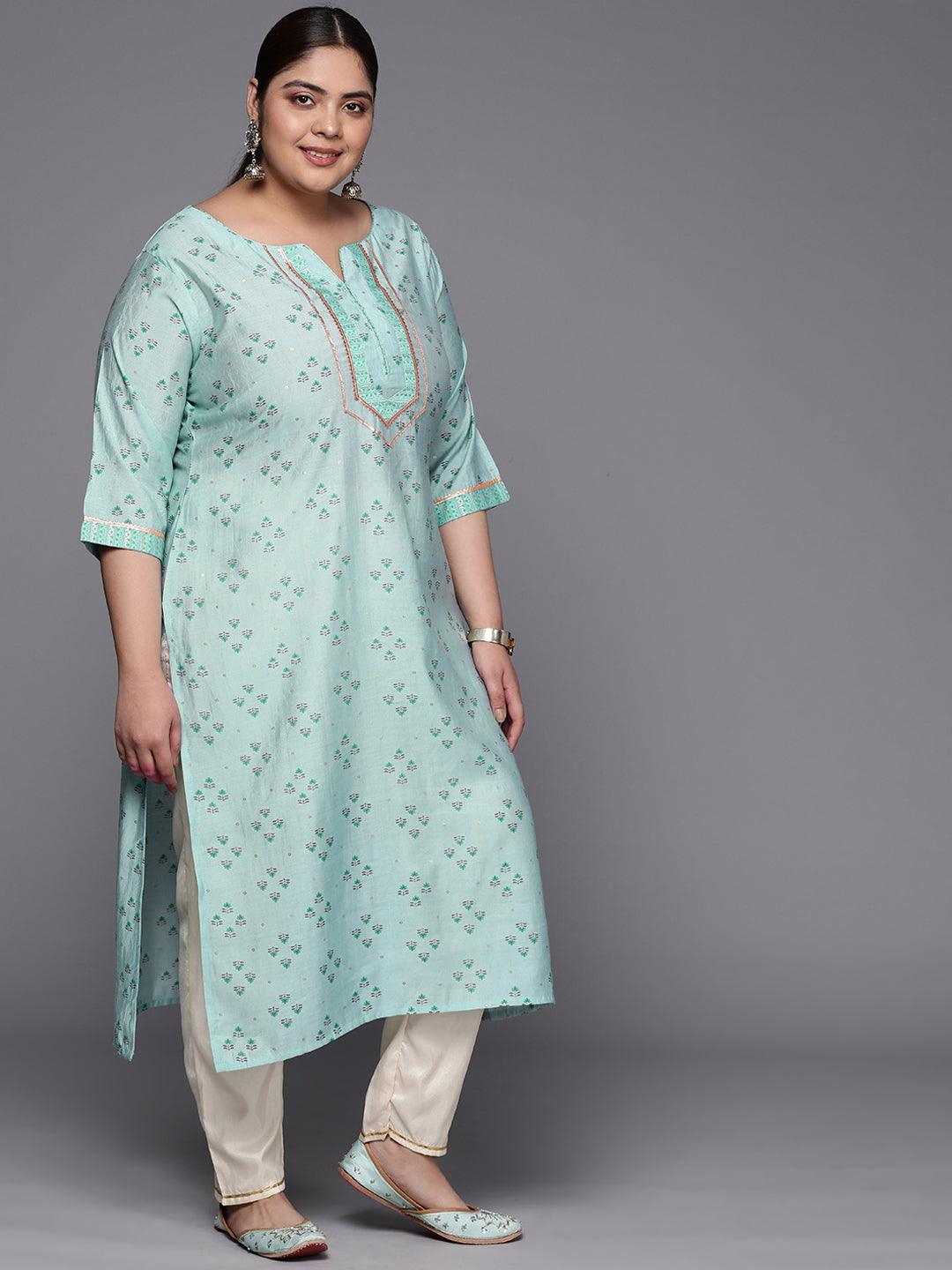 Plus Size Blue Yoke Design Silk Straight Kurta - ShopLibas 
