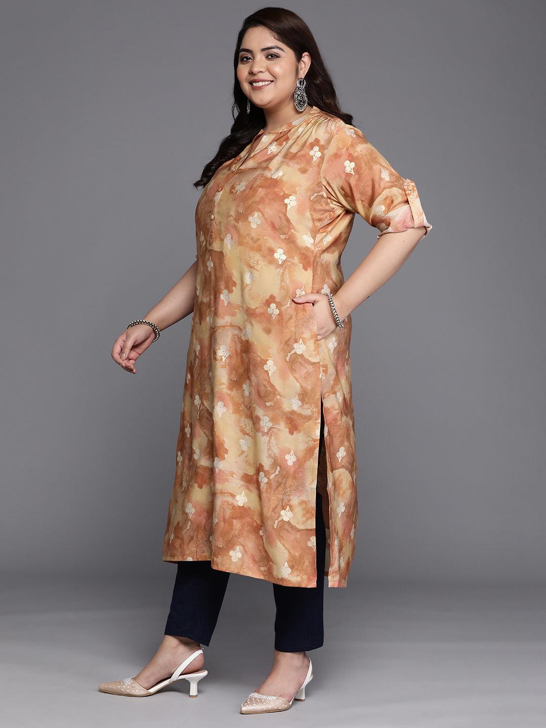 Plus Size Brown Printed Silk Straight Kurta - Libas 