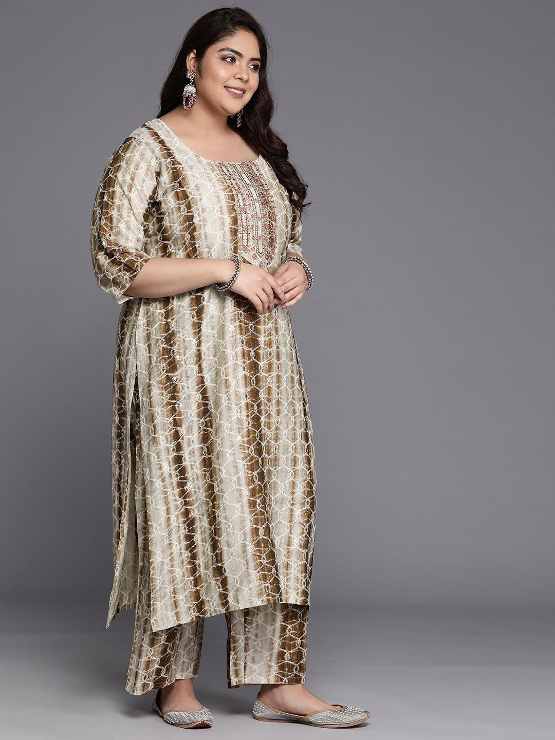 Plus Size Brown Yoke Design Silk Blend Straight Suit Set - Libas 