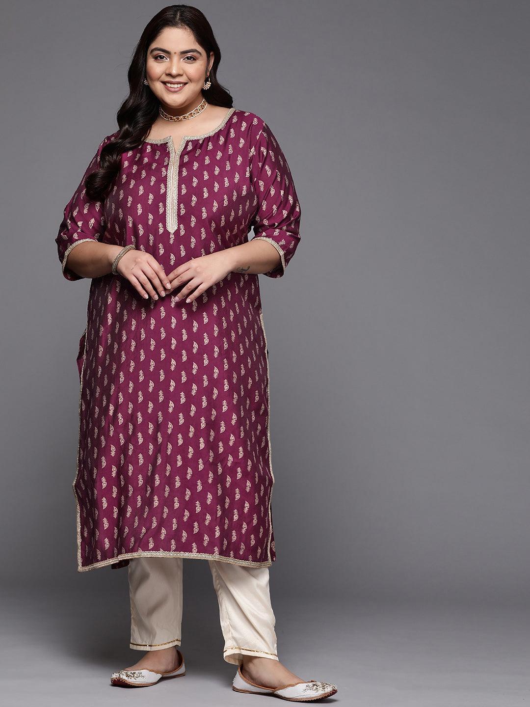 Plus Size Burgundy Printed Silk Straight Kurta - ShopLibas