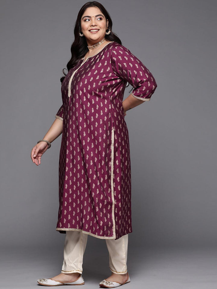 Plus Size Burgundy Printed Silk Straight Kurta