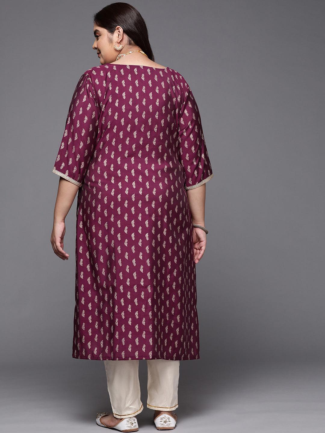 Plus Size Burgundy Printed Silk Straight Kurta - ShopLibas 