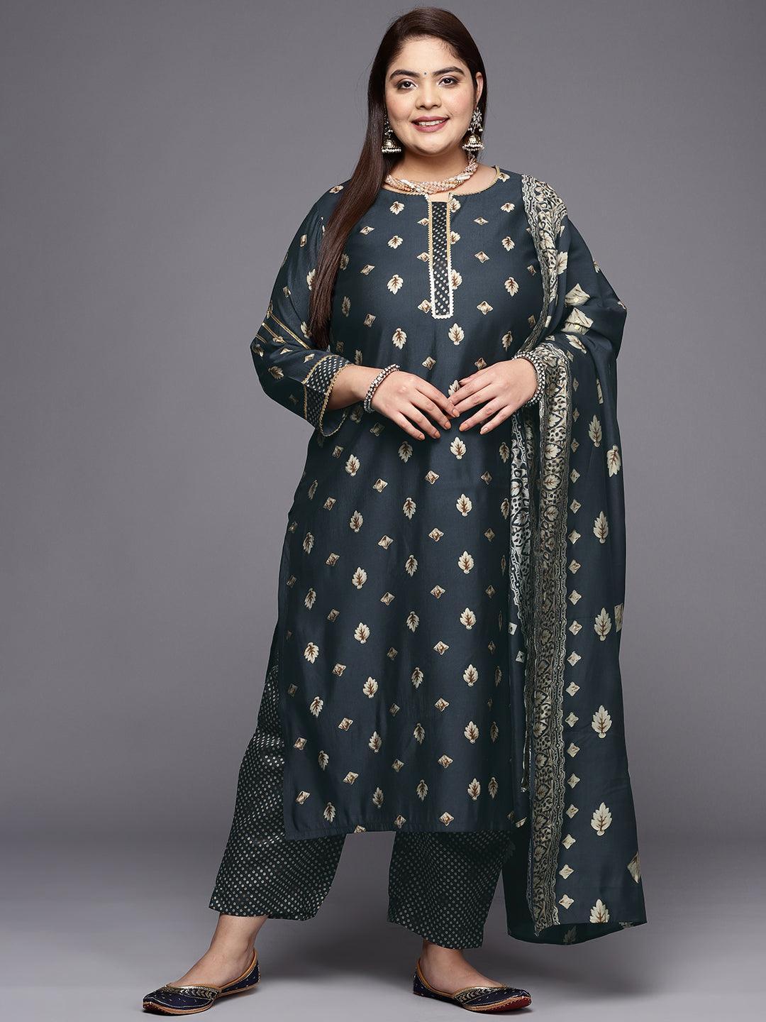Plus Size Charcoal Printed Silk Blend Straight Suit Set - ShopLibas