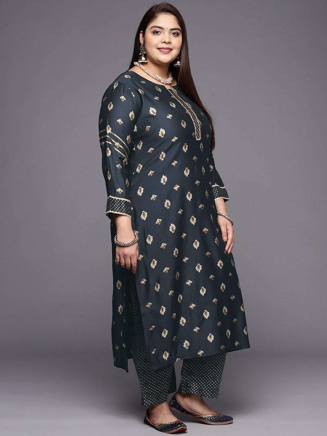 Plus Size Charcoal Printed Silk Blend Straight Suit Set - ShopLibas 