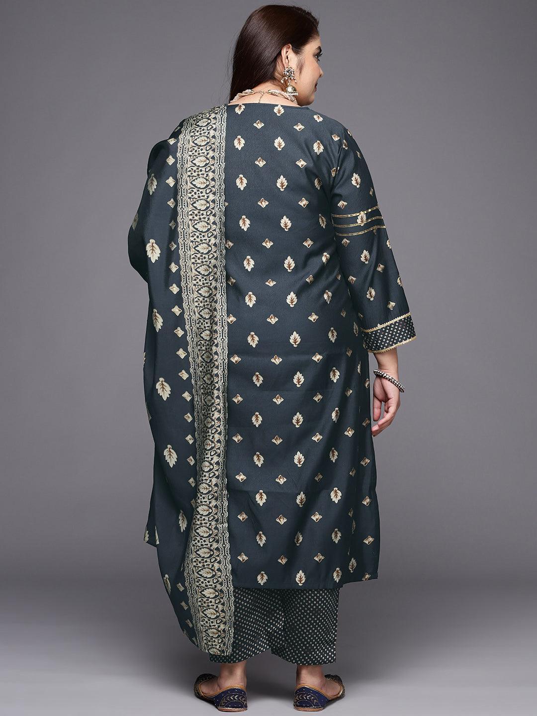 Plus Size Charcoal Printed Silk Blend Straight Suit Set - ShopLibas 