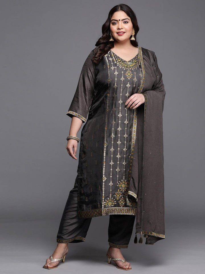 Plus Size Charcoal Self Design Silk Blend Suit Set - ShopLibas