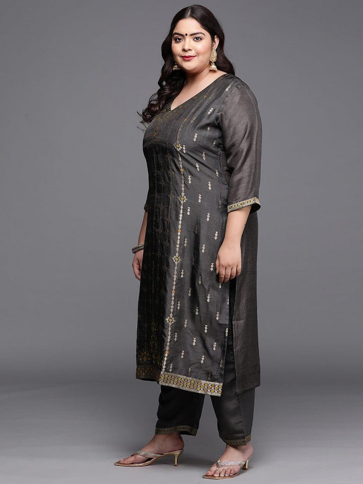 Plus Size Charcoal Self Design Silk Blend Suit Set - ShopLibas
