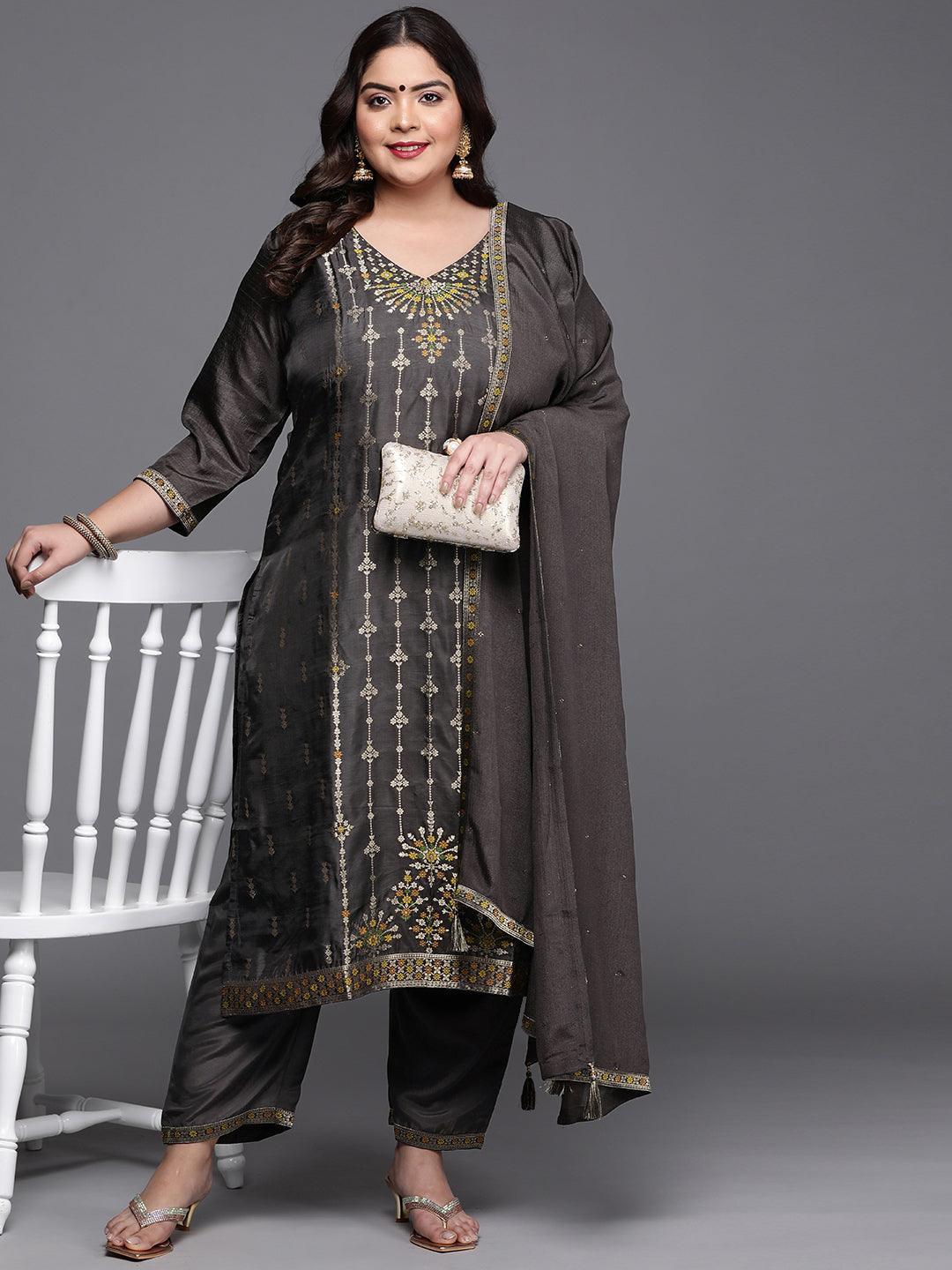 Plus Size Charcoal Self Design Silk Blend Suit Set - ShopLibas