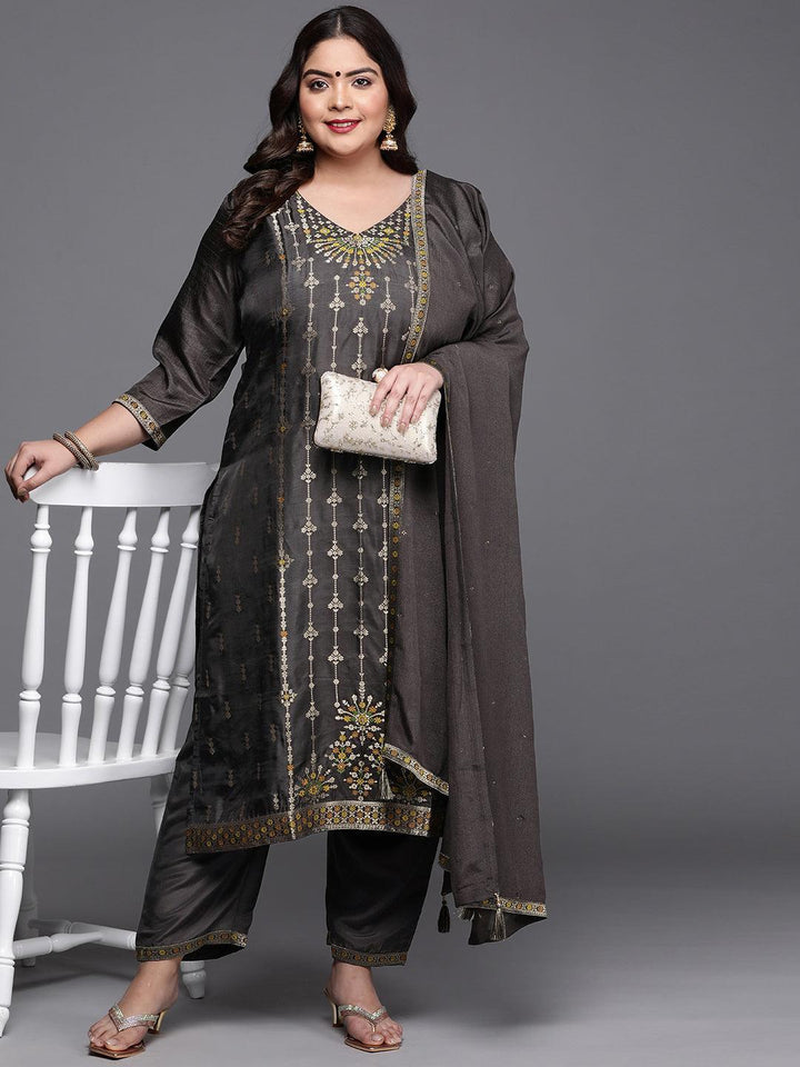 Plus Size Charcoal Self Design Silk Blend Suit Set - ShopLibas