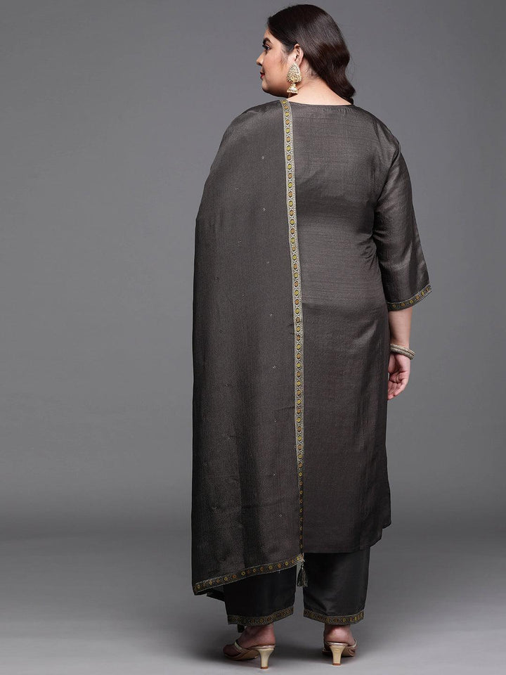 Plus Size Charcoal Self Design Silk Blend Suit Set - ShopLibas