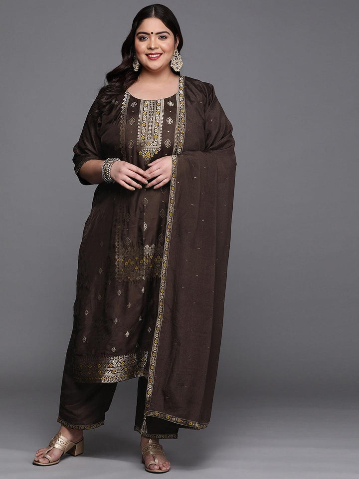 Plus Size Coffee Brown Self Design Silk Blend Suit Set