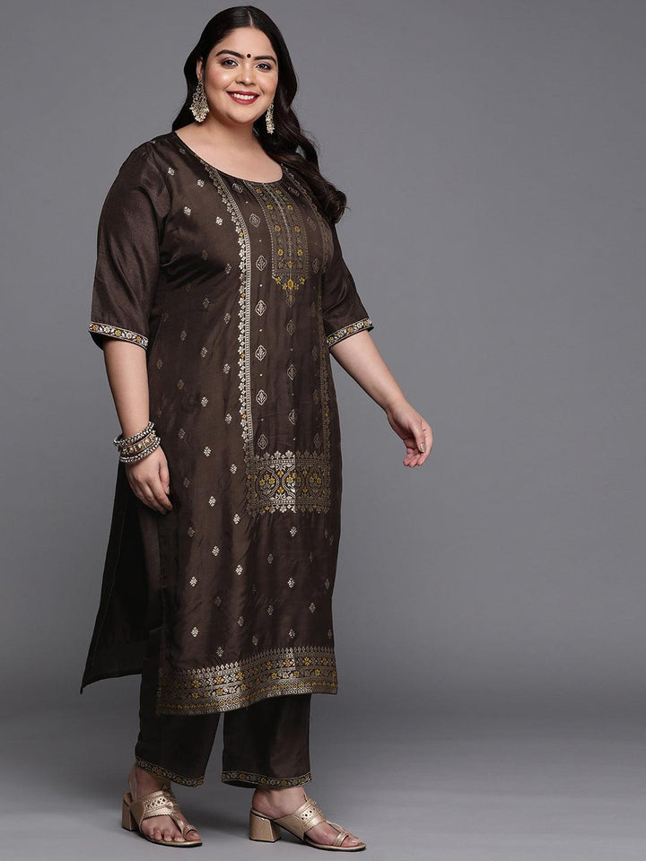 Plus Size Coffee Brown Self Design Silk Blend Suit Set