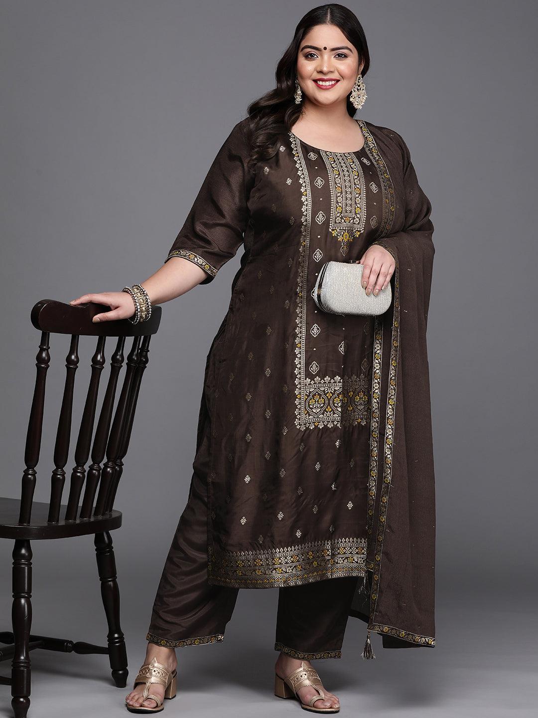 Plus Size Coffee Brown Self Design Silk Blend Suit Set - ShopLibas 