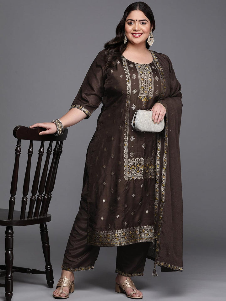 Plus Size Coffee Brown Self Design Silk Blend Suit Set