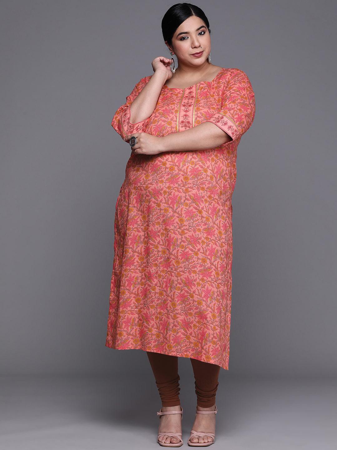 Plus Size Coral Printed Cotton Kurta - ShopLibas