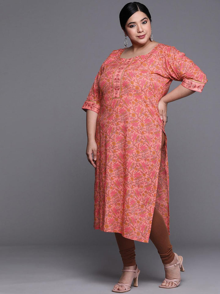 Plus Size Coral Printed Cotton Kurta - ShopLibas
