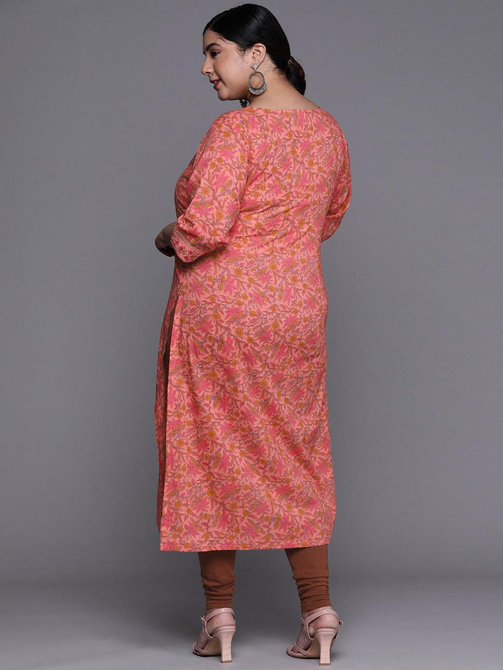 Plus Size Coral Printed Cotton Kurta - ShopLibas