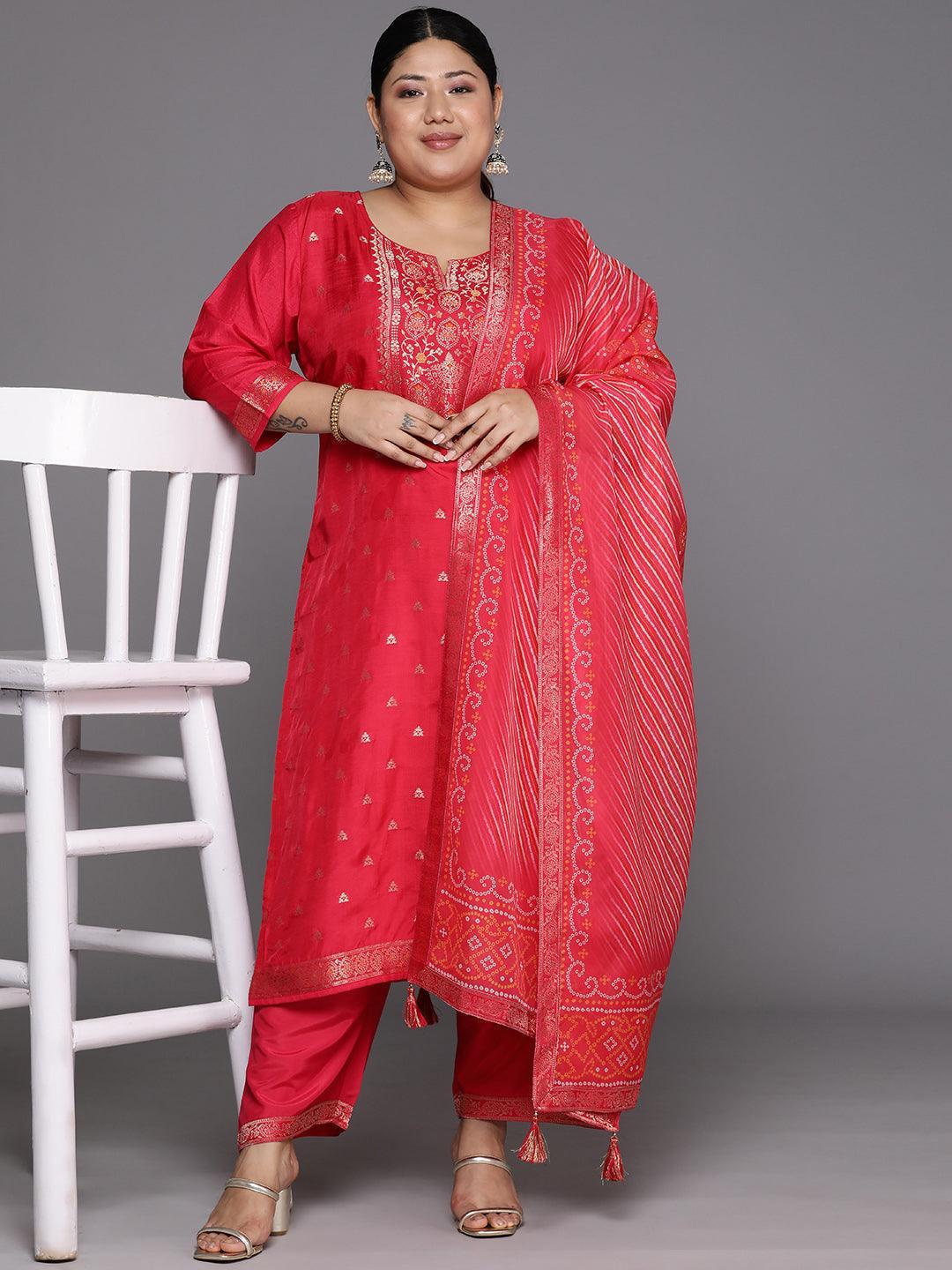 Plus Size Coral Woven Design Silk Blend Straight Suit Set - Libas 