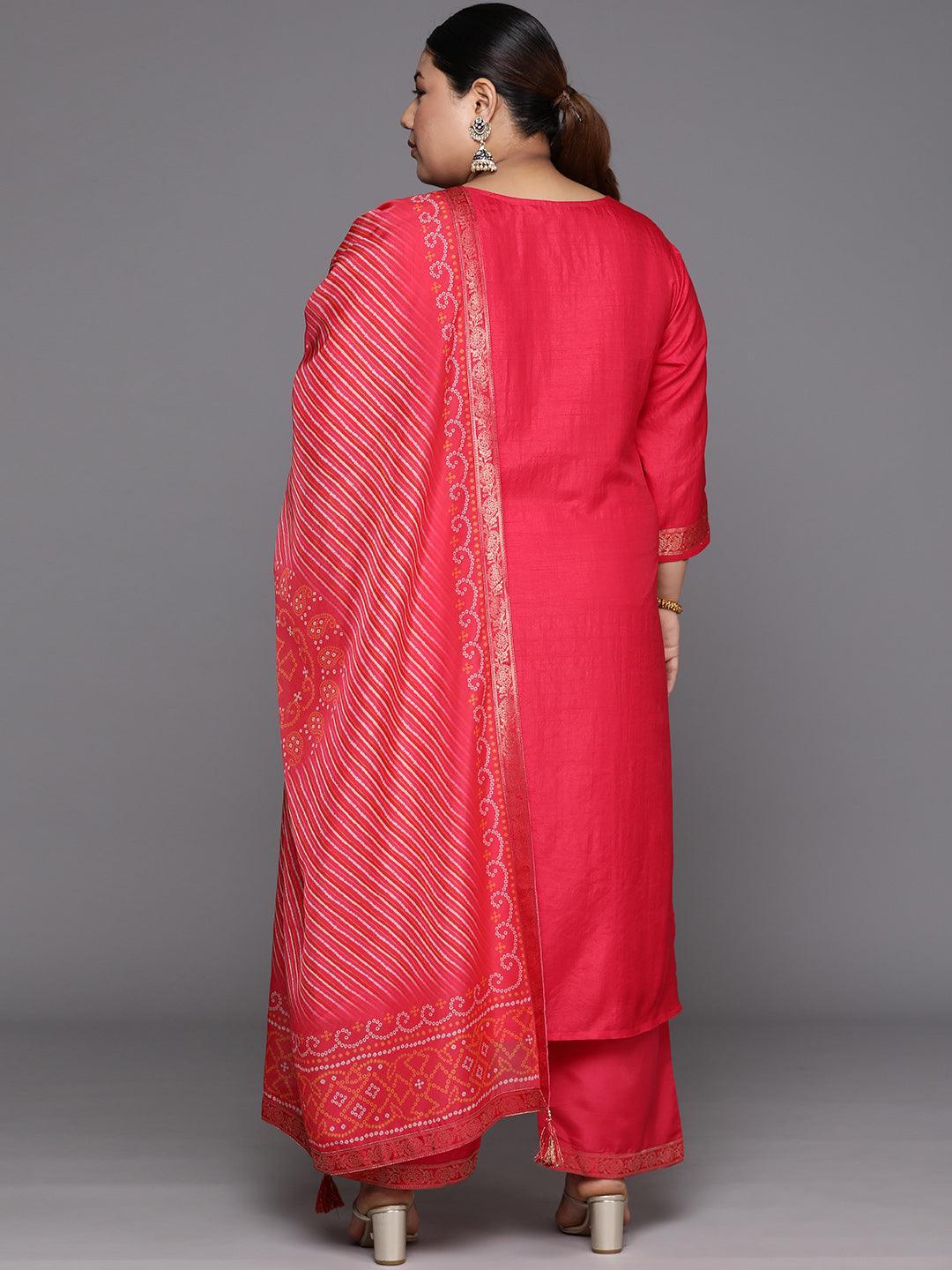 Plus Size Coral Woven Design Silk Blend Straight Suit Set - Libas 