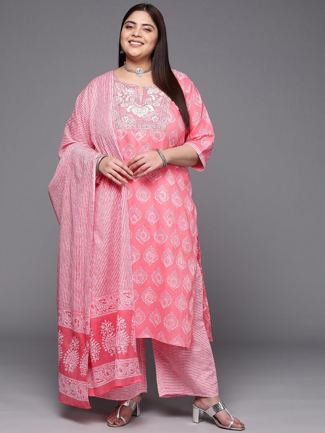 Plus Size Coral Yoke Design Cotton Suit Set With Trousers - ShopLibas