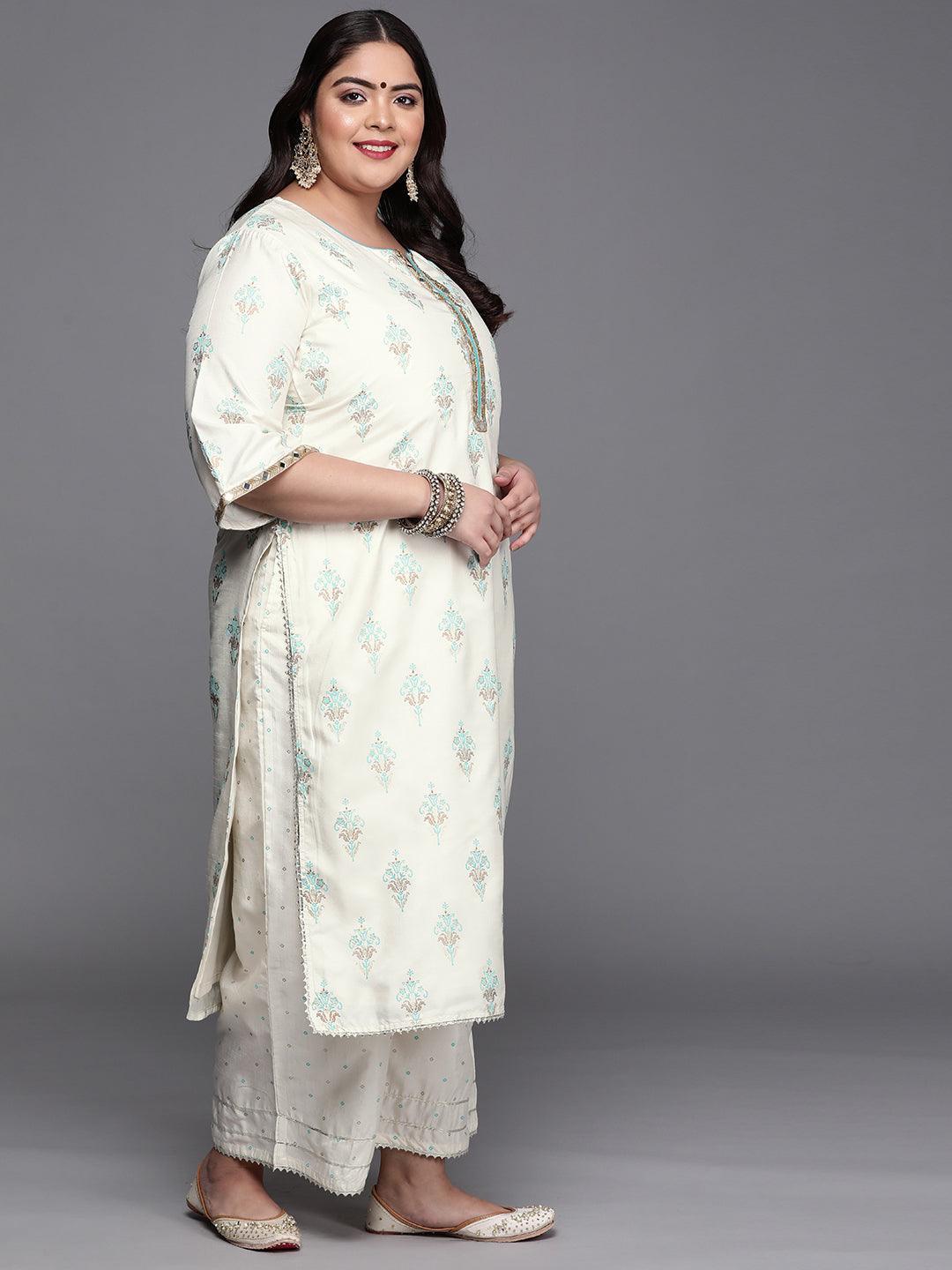 Plus Size Cream Printed Silk Blend Suit Set - ShopLibas 