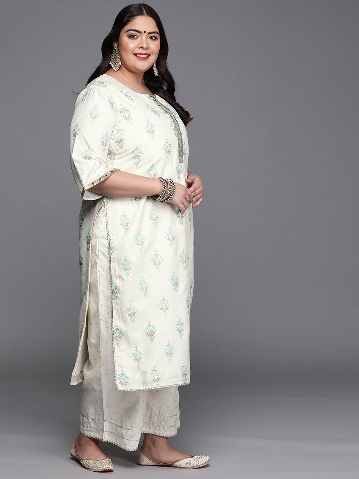 Plus Size Cream Printed Silk Blend Suit Set